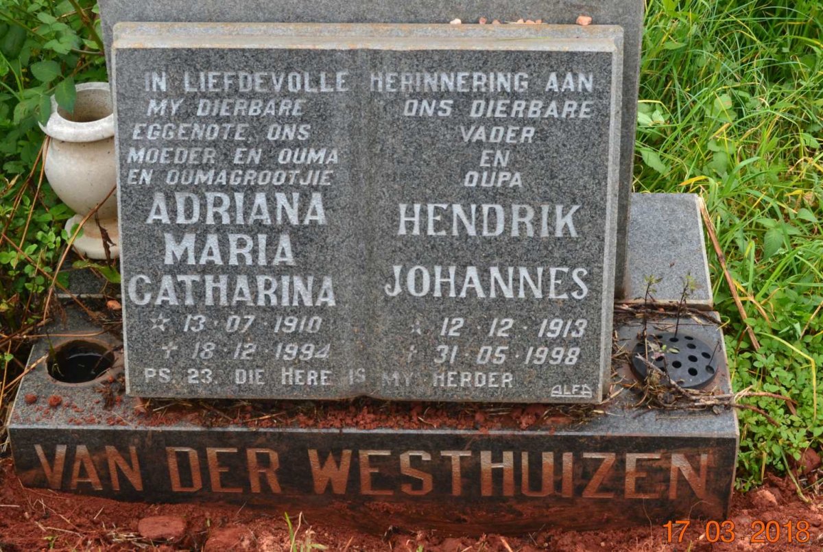 WESTHUIZEN Hendrik Johannes, van der 1913-1998 &amp; Adriana Maria Catharina 1910-1994