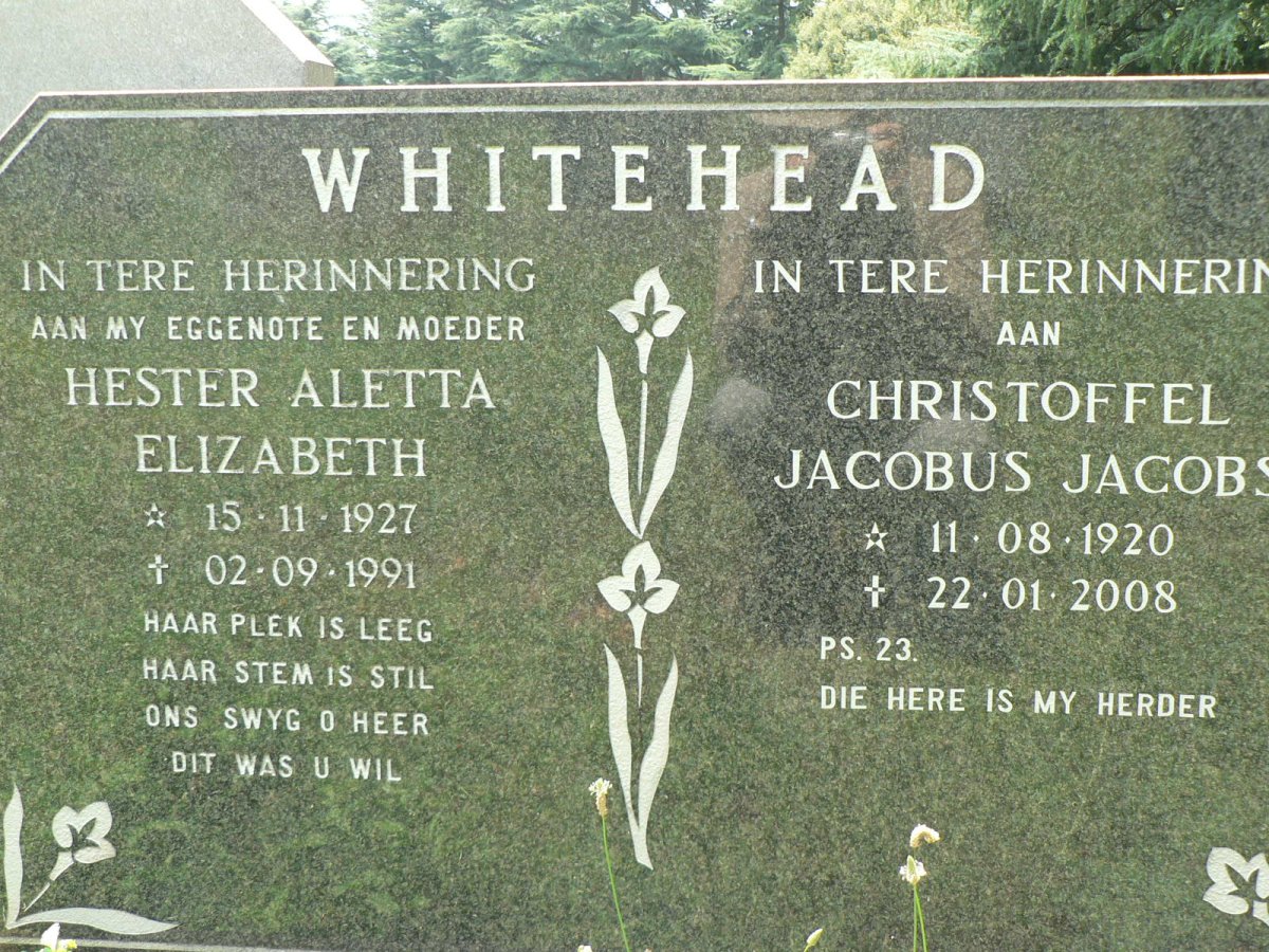 WHITEHEAD Christoffel Jacobus Jacobs 1920-2008 &amp; Hester Aletta Elizabeth 1927-1991