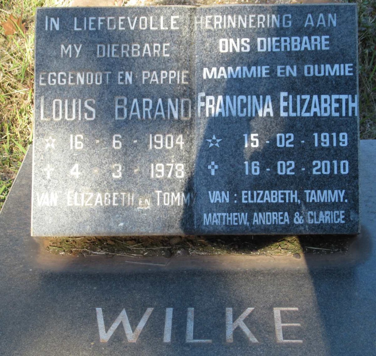 WILKE Louis Barand 1904-1978 &amp; Francina Elizabeth 1919-2010