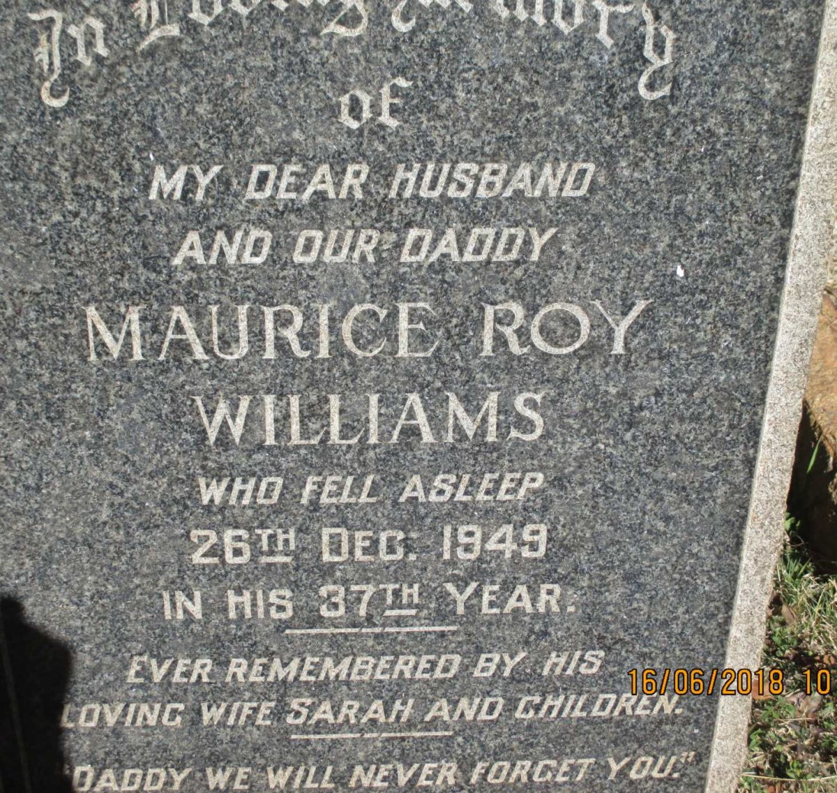 WILLIAMS Maurice Roy -1949 &amp; Sarah Maria 1918-1997