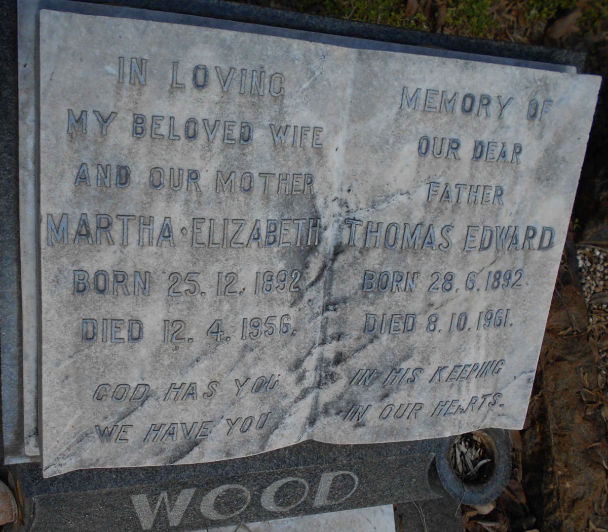 WOOD Thomas Edward 1892-1961 &amp; Martha Elizabeth 1892-1956