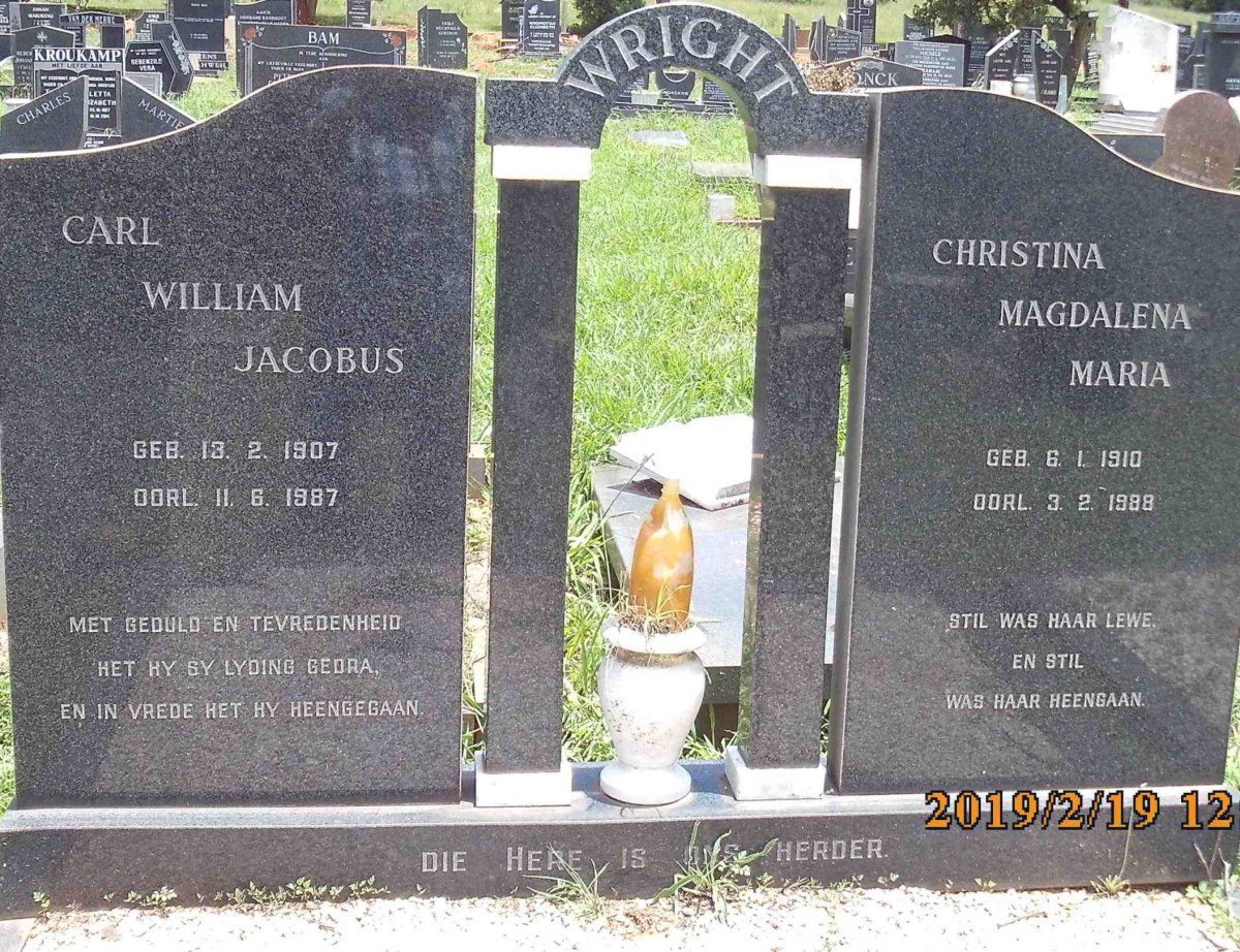 WRIGHT Carl William Jacobus 1907-1987 &amp; Christina Magdalena Maria 1910-1988