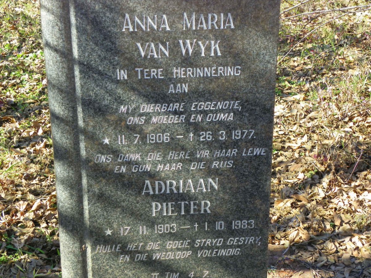 WYK Adriaan Pieter, van 1903-1983 &amp; Anna Maria 1906-1977
