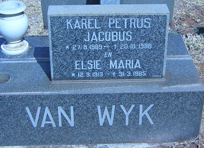 WYK Karel Petrus Jacobus, van 1909-1988 &amp; Elsie Maria 1913-1985