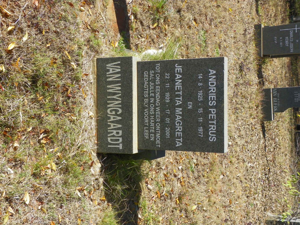 WYNGAARDT Andries Petrus, van 1925-1977 &amp; Jeanetta Magreta 1929-2001