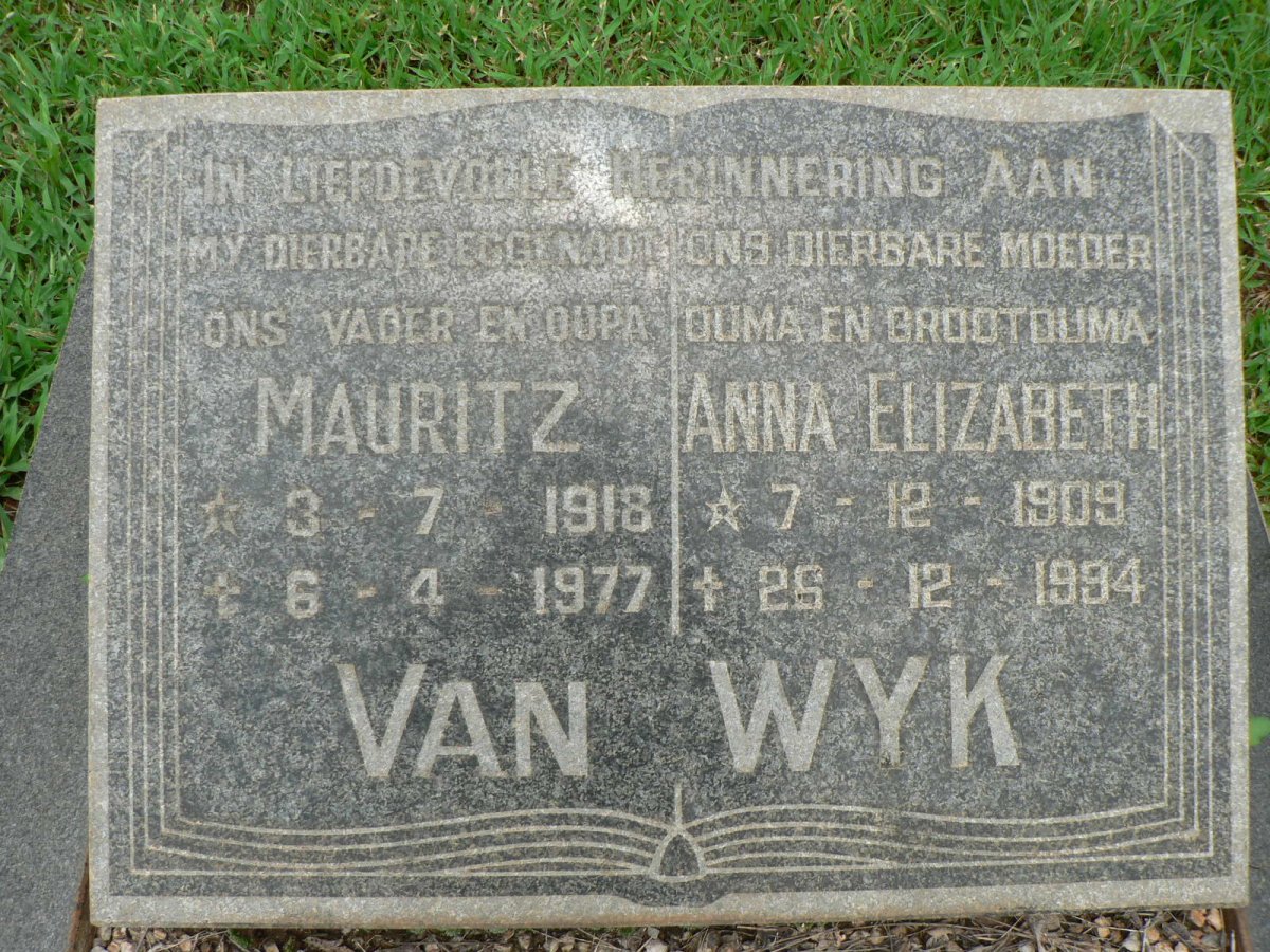 WYK Mauritz, van 1918-1977 &amp; Anna Elizabeth 1909-1994