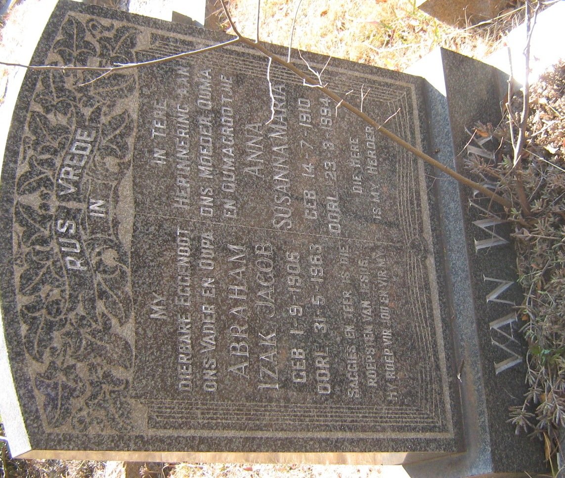 WYK Abraham Izak Jacob, van 1906-1963 &amp; Anna Susanna Maria 1910-1994
