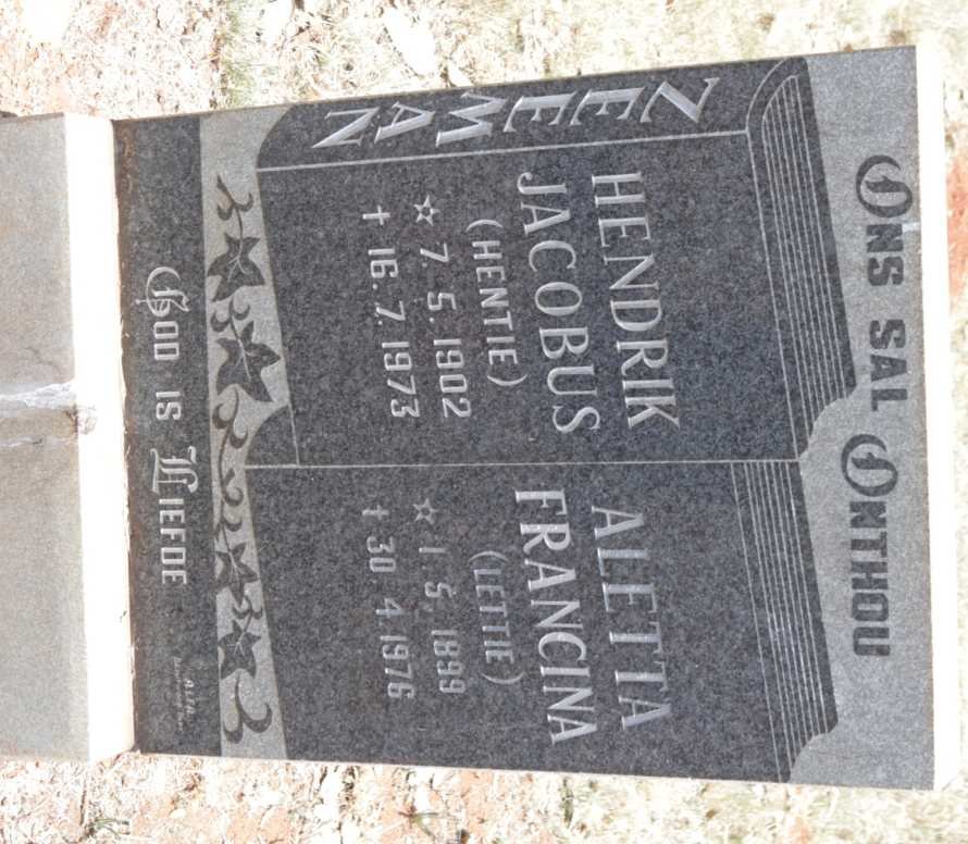 ZEEMAN Hendrik Jacobus 1902-1973 &amp; Aletta Francina 1899-1976