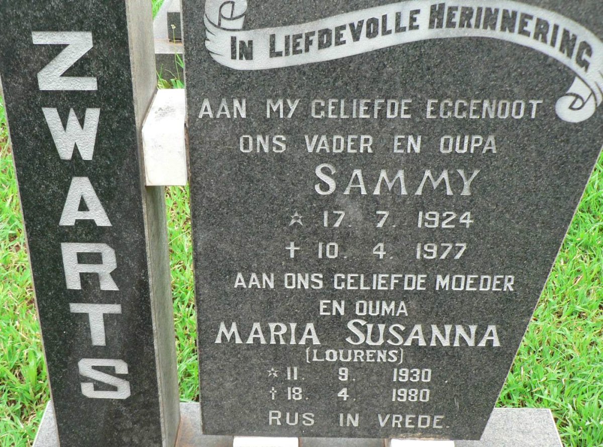 ZWARTS Sammy 1924-1977 &amp; Maria Susanna LOURENS 1930-1980