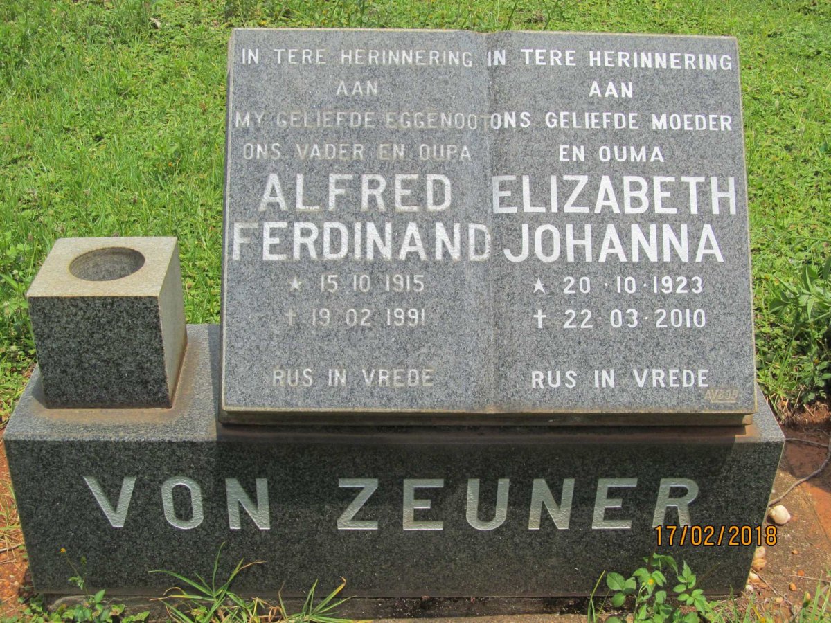 ZEUNER Alfred Ferdinand, von 1915-1991 &amp; Elizabeth Johanna 1923-2010