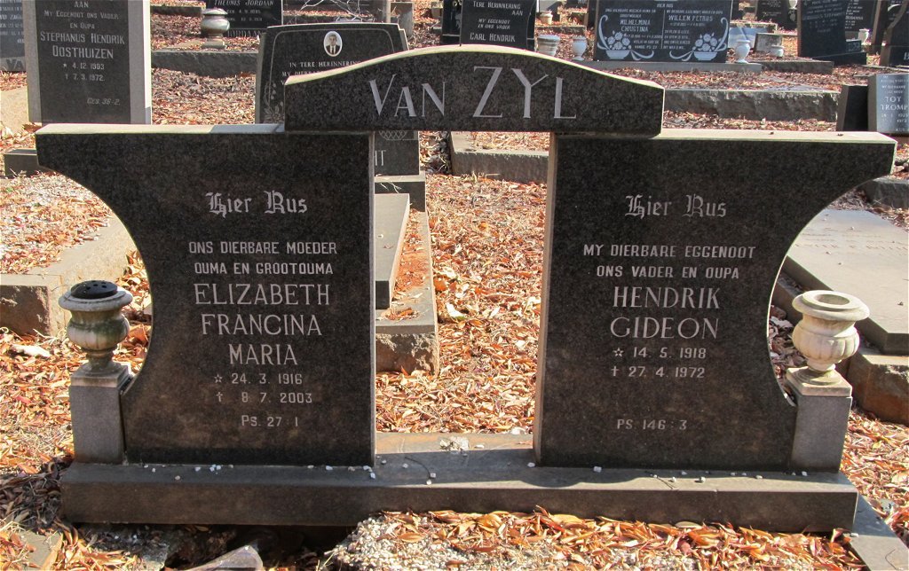 ZYL Hendrik Gideon, van 1918-1972 &amp; Elizabeth Francina Maria 1916-2003