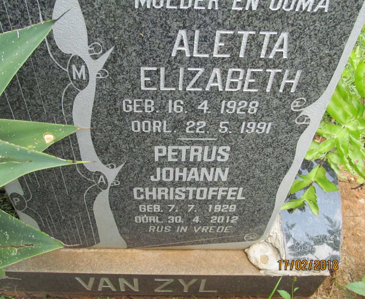 ZYL Petrus Johann Christoffel, van 1929-2012 &amp; Aletta Elizabeth 1928-1991