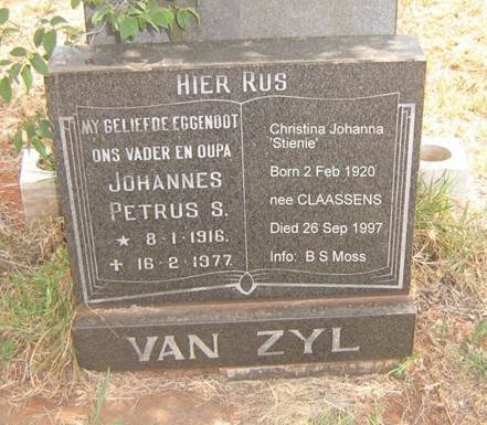 ZYL Johannes Petrus S., van 1916-1977 &amp; Christina Johanna CLAASSENS 1920-1997