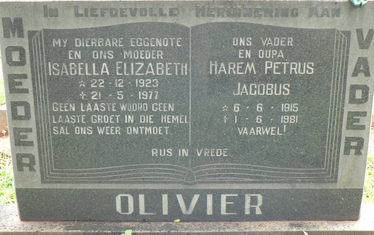 OLIVIER Harem Petrus Jacobus 1915-1981 &amp; Isabella Elizabeth 1923-1977