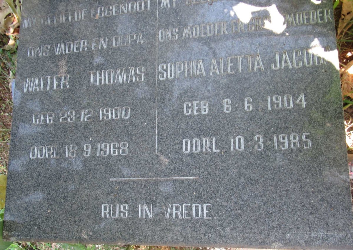 OLIVER Walter Thomas 1900-1968 &amp; Sophia Aletta Jacoba 1904-1985