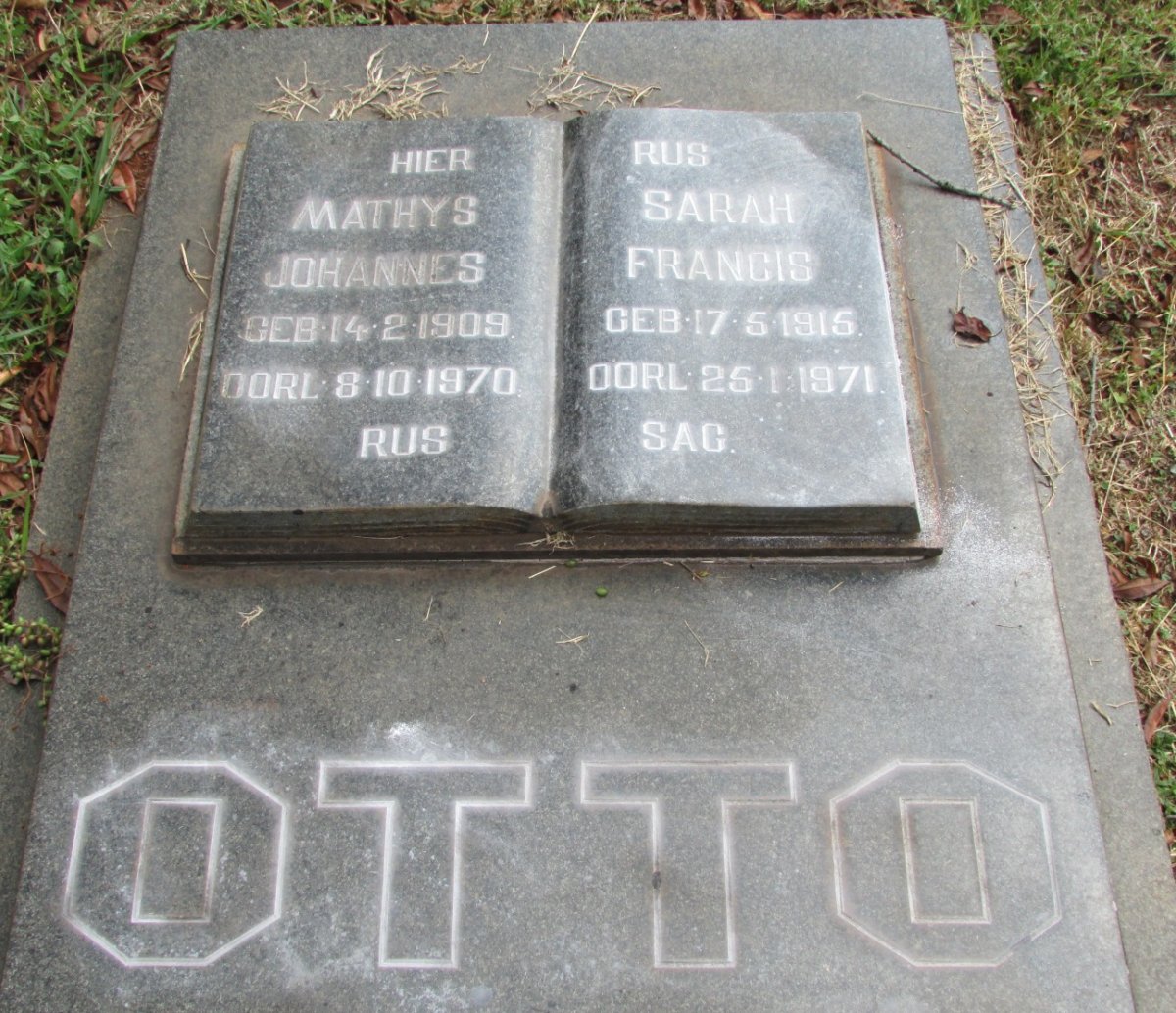 OTTO Mathys Johannes 1909-1970 &amp; Sarah Francis 1915-1971