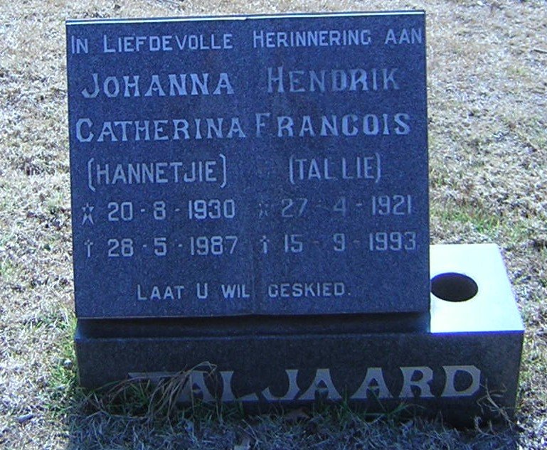 TALJAARD Hendrik Francois 1921-1993 &amp; Johanna Catherina 1930-1987