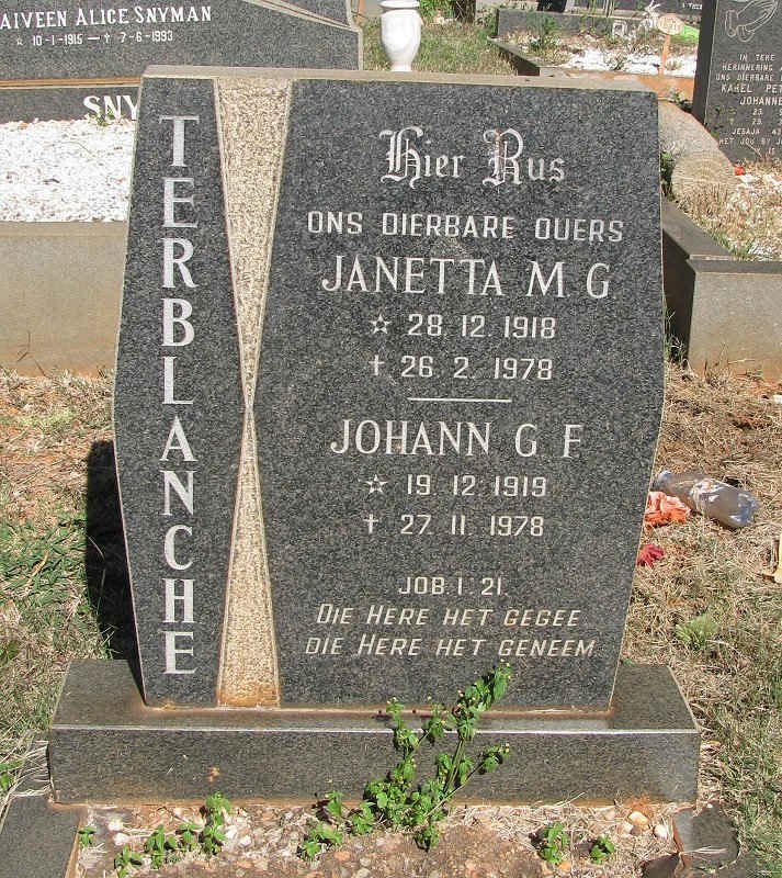 TERBLANCHE Johann G.F. 1919-1978 &amp; Janetta M.G. 1918-1978