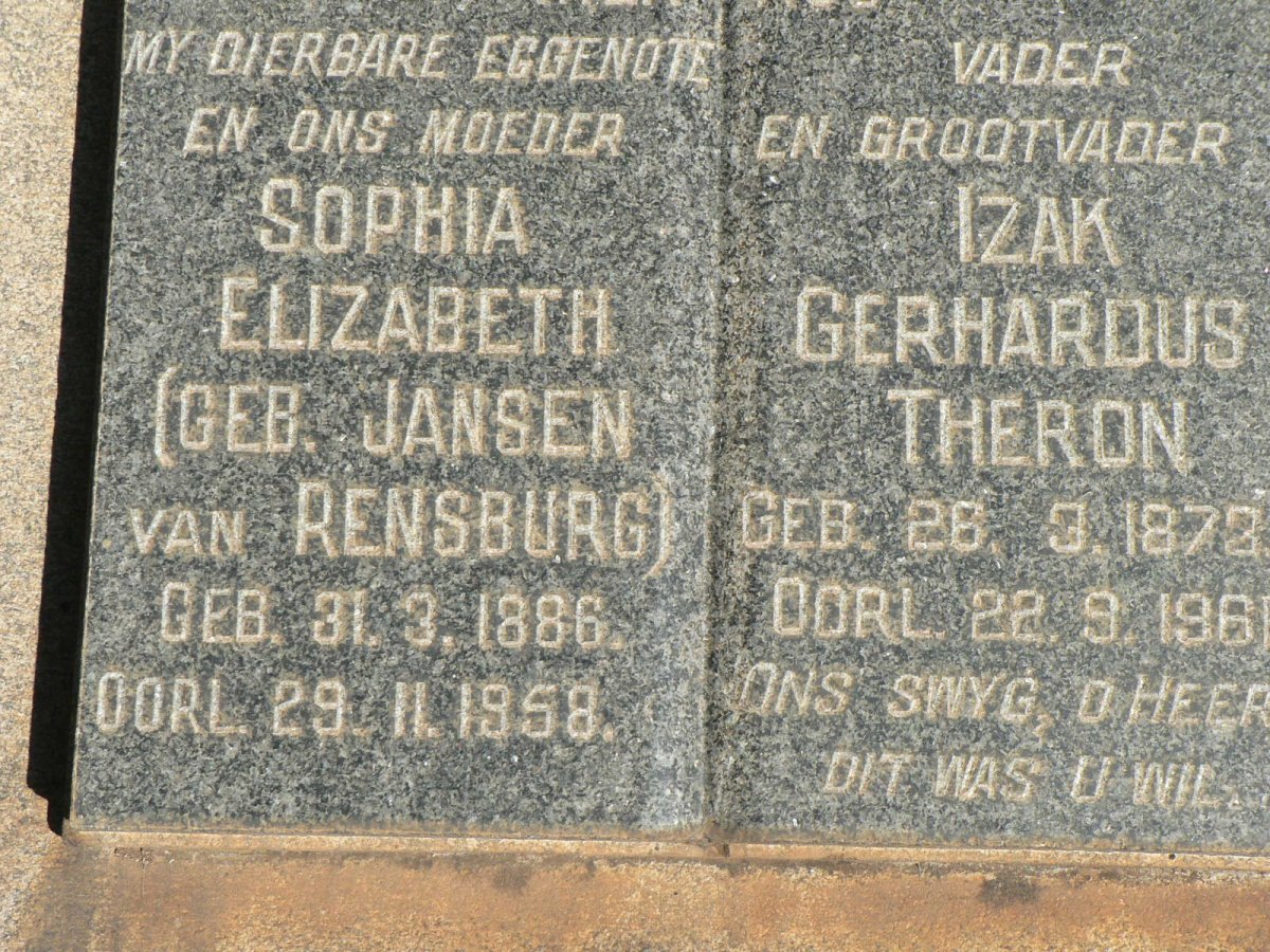 THERON Izak Gerhardus 1873-196? &amp; Sophia Elizabeth JANSEN VAN RENSBURG 1886-1958