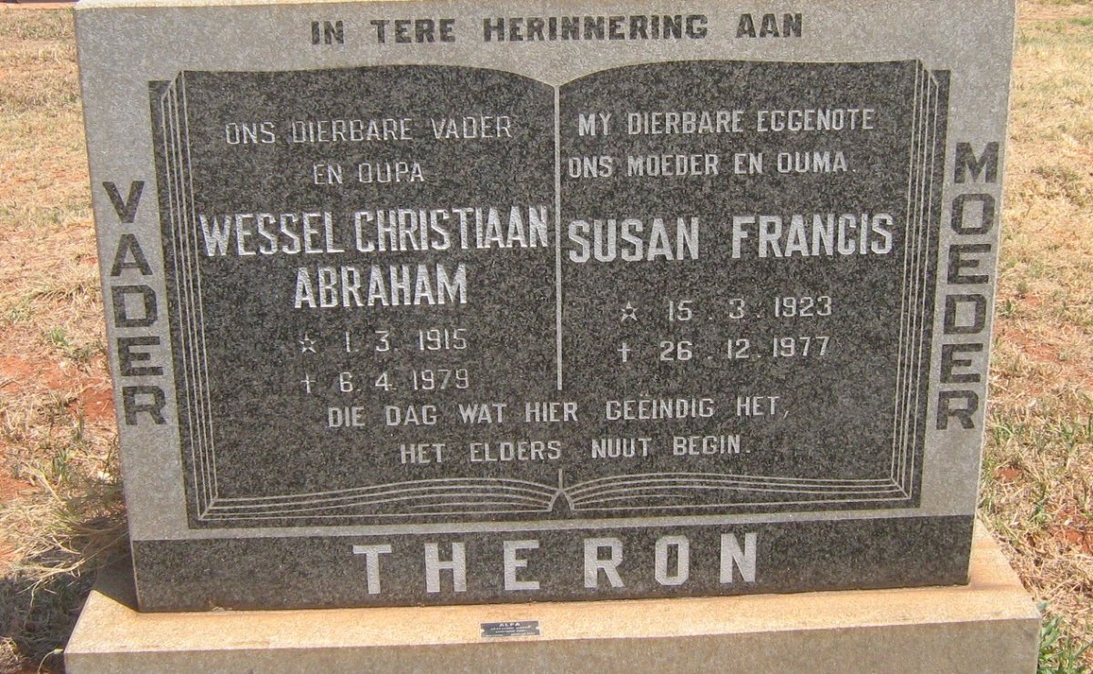 THERON Wessel Christiaan Abraham 1915-1979 &amp; Susan Francis 1923-1977