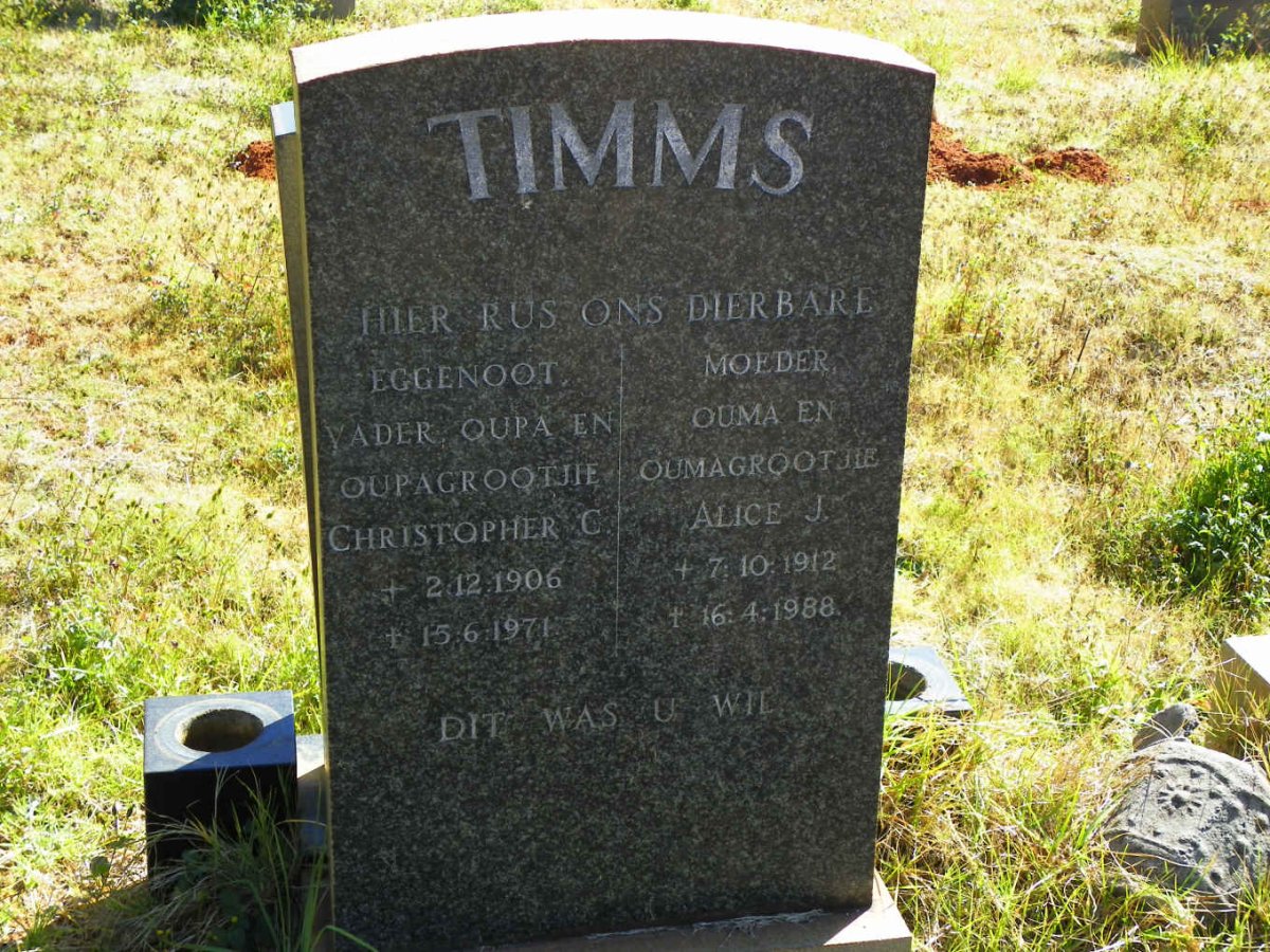 TIMMS Christopher C. 1906-1971 &amp; Alice J. 1912-1988