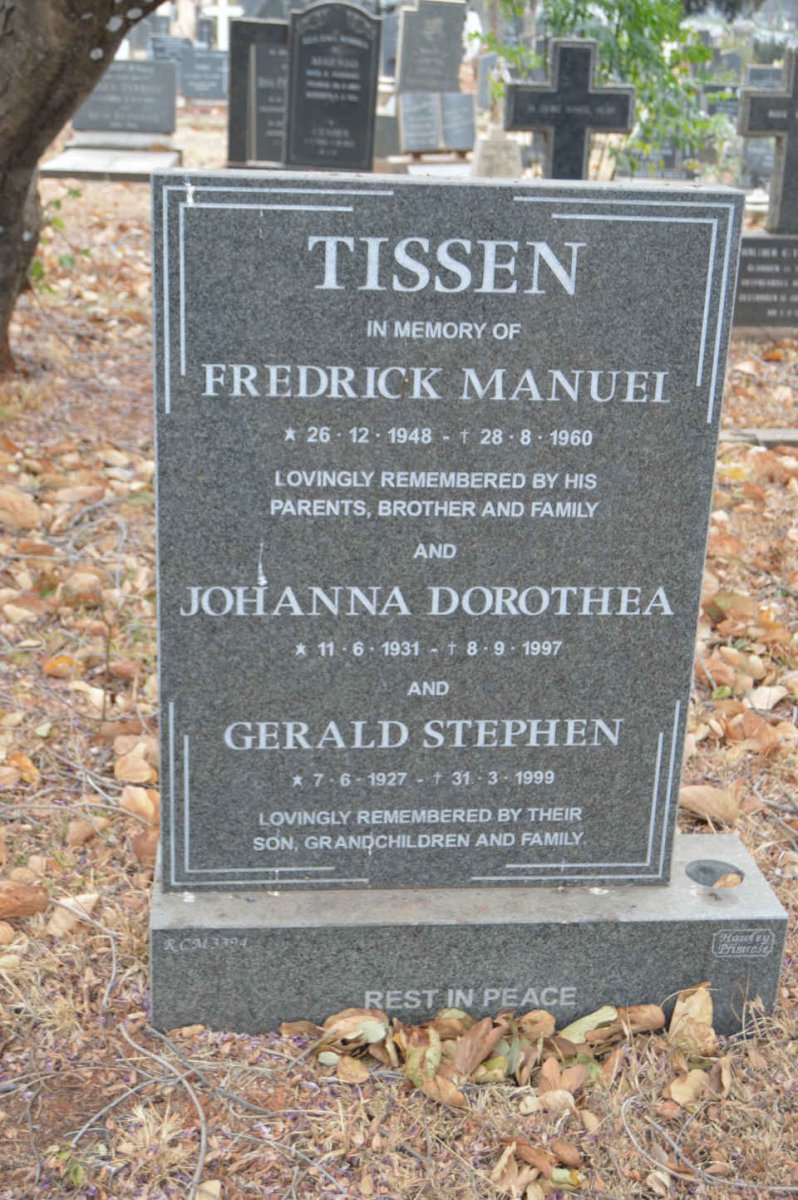 TISSEN Gerald Stephen 1927-1999 &amp; Johanna Dorothea 1931-1997