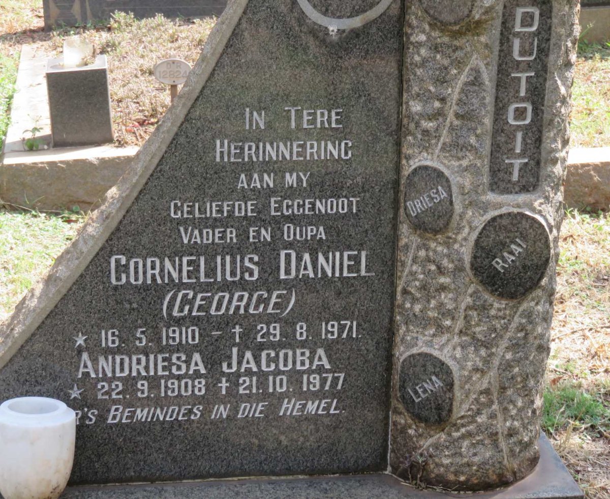 TOIT Cornelius Daniel, du 1910-1971 &amp; Andriesa Jacoba 1908-1977