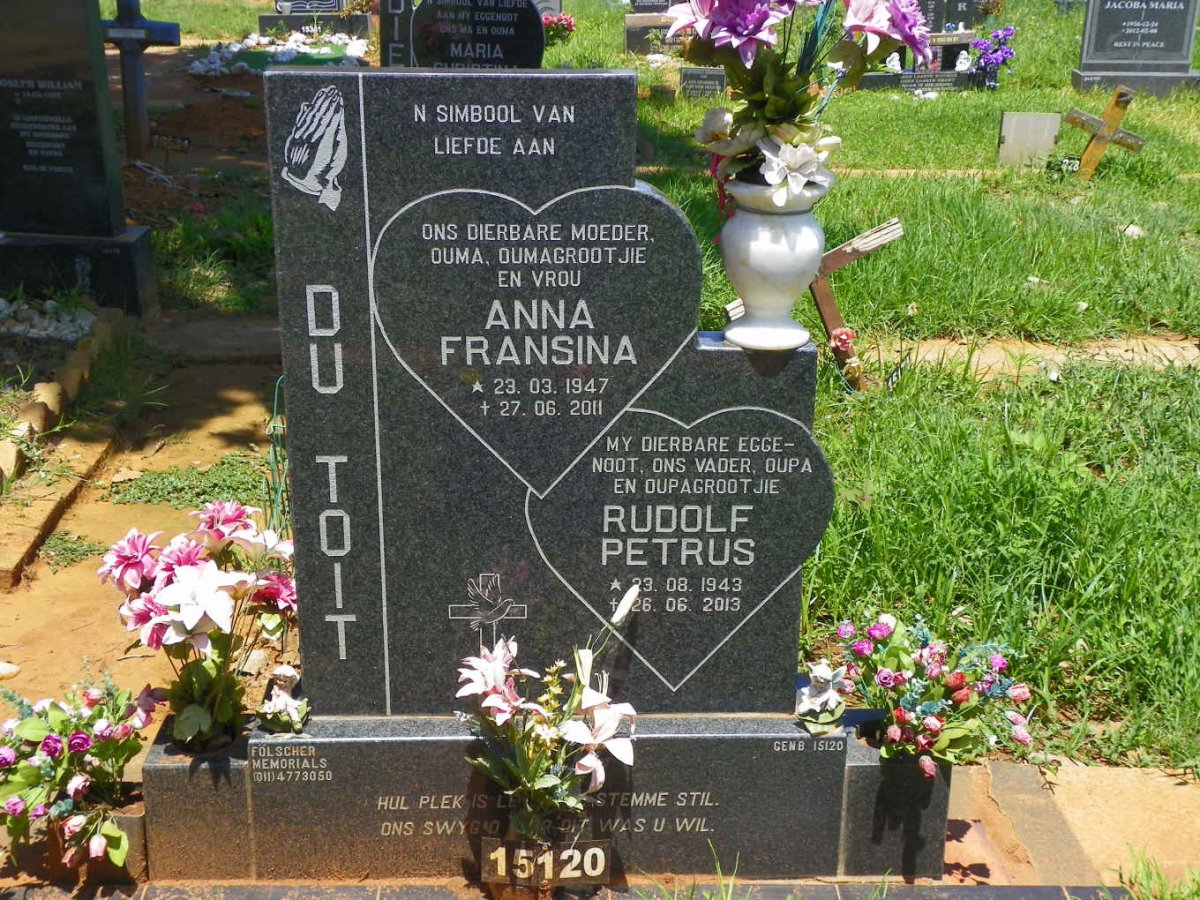 TOIT Rudolf Petrus, du 1943-2013 &amp; Anna Fransina 1947-2011
