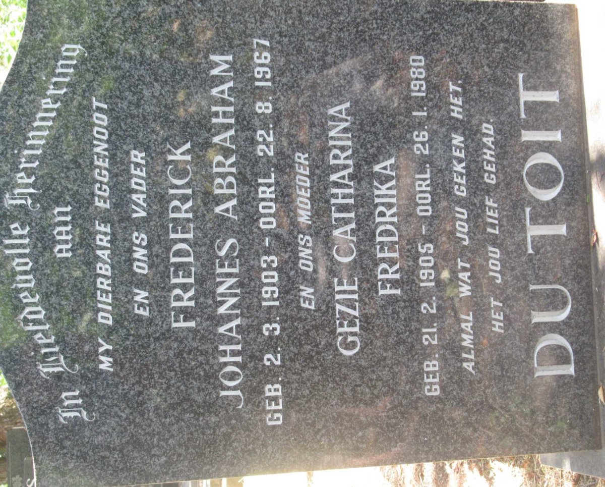 TOIT Frederick Johannes Abraham, du 1903-1967 &amp; Gezie Catharina Fredrika 1905-1980