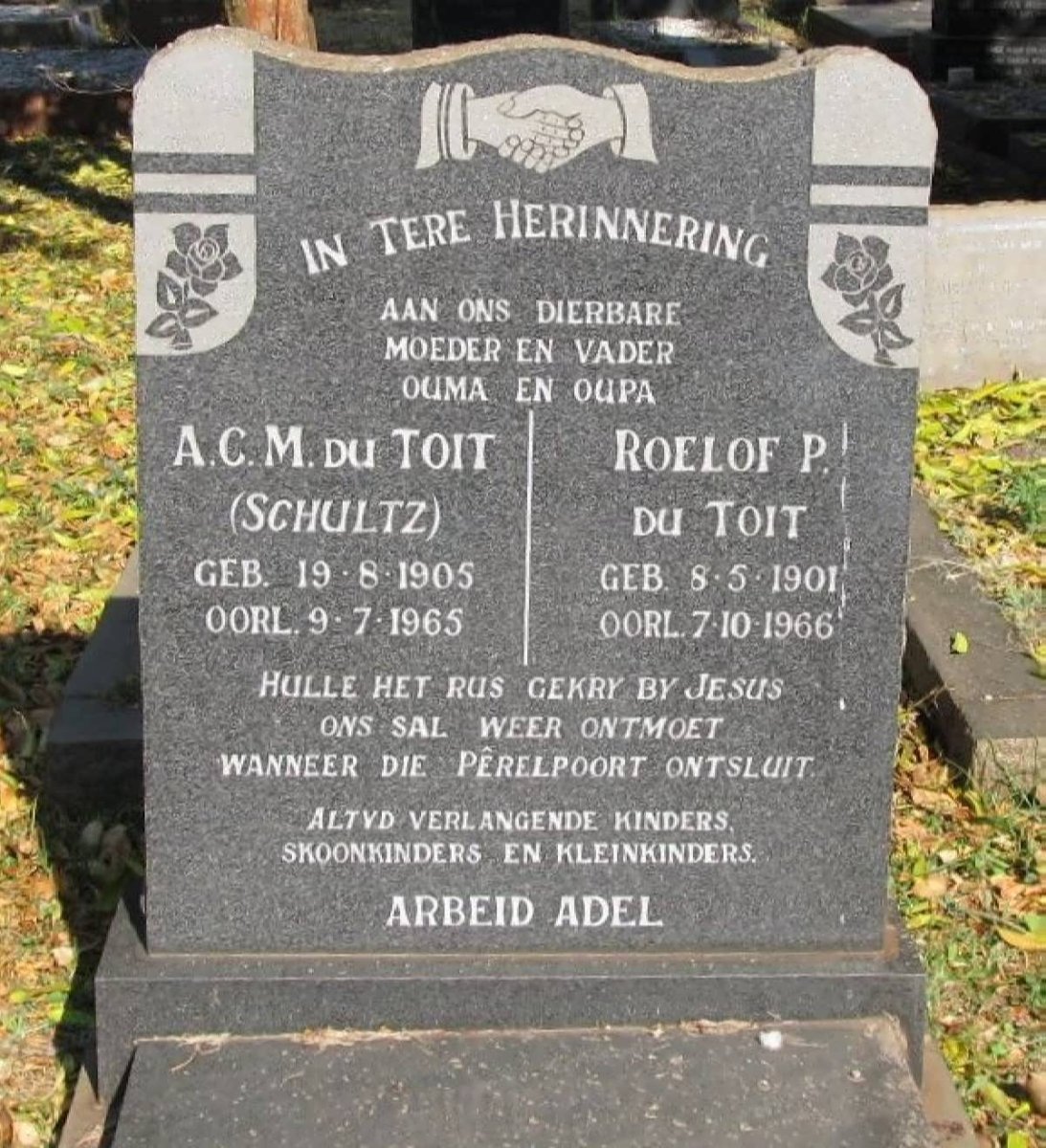 TOIT Roelof P., du 1901-1966 &amp; A.C.M. SCHULTZ 1905-1965 