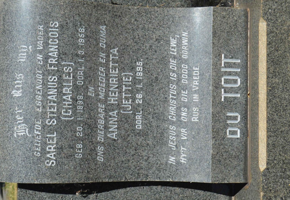 TOIT Sarel Stefanus Francois, du 1898-1958 &amp; Anna Henrietta -1995