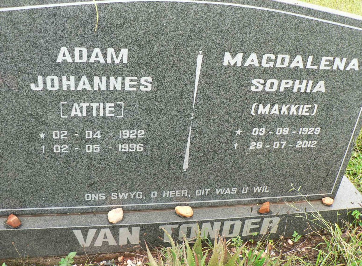 TONDER Adam Johannes, van 1922-1996 &amp; Magdalena Sophia 1929-2012
