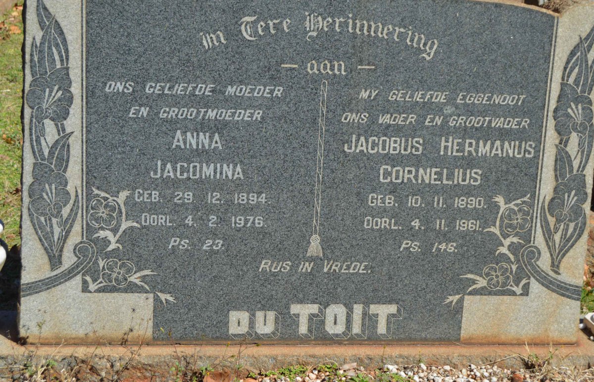 TOIT Jacobus Hermanus Cornelius, du 1890-1961 &amp; Anna Jacomina 1894-1976