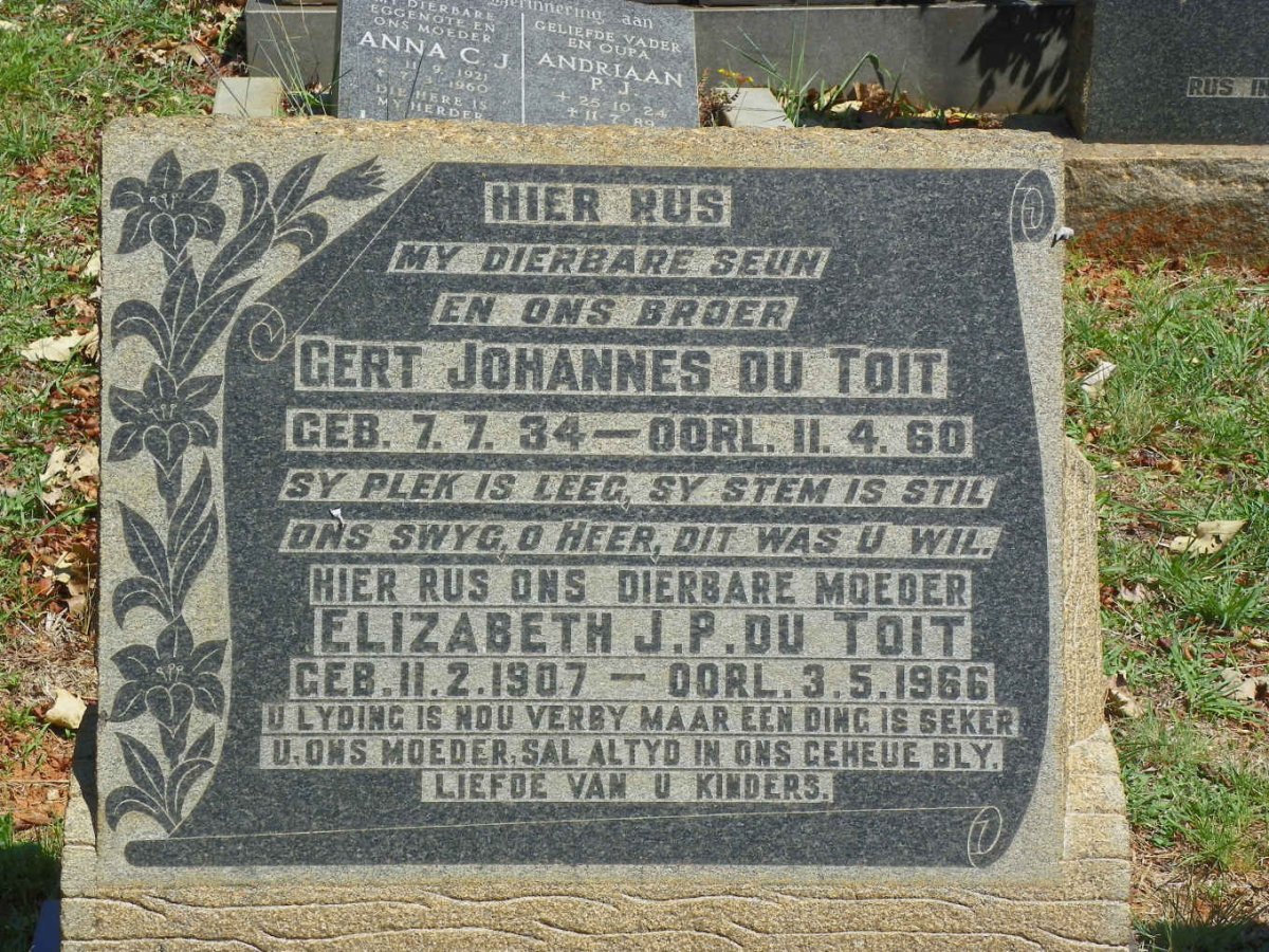 TOIT Elizabeth Johanna Petronella, du nee BOTES 1907-1966 :: DU TOIT Gert Johannes 1934-1960