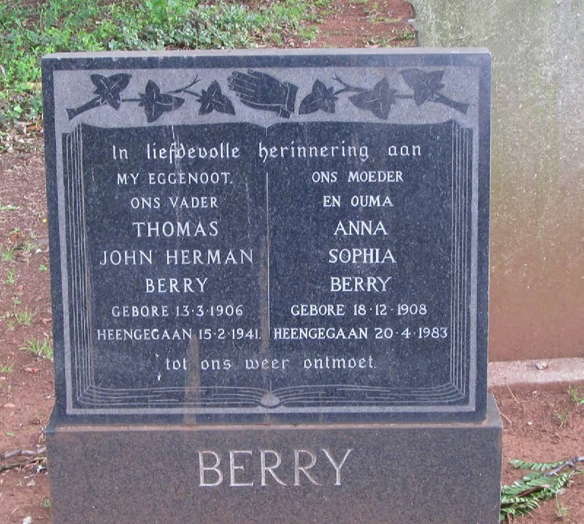 BERRY Thomas John Herman 1906-1941 &amp; Anna Sophia 1908-1983