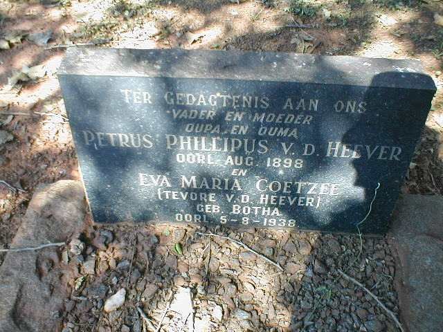 HEEVER Petrus Phillipus, van der  -1898 :: COETZEE Eva Maria previously VAN DER HEEVER nee BOTHA  -1938
