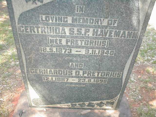 HAVEMANN Getruida S.S.P. nee PRETORIUS 1873-1940 :: PRETORIUS Gerhardus D. 1867-1898