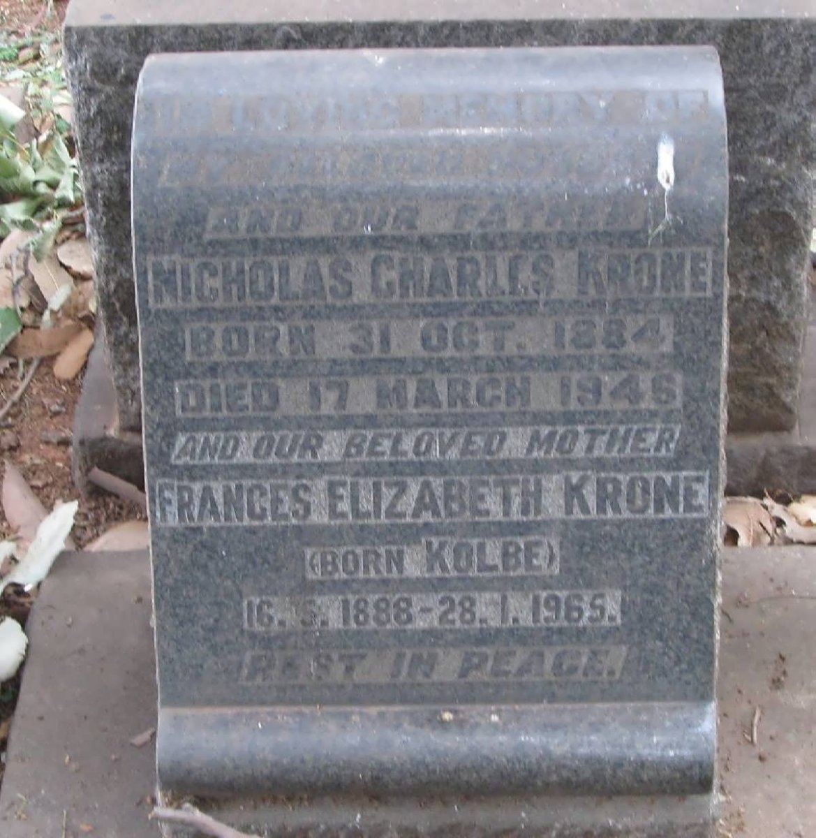 KRONE Nicholas Charles 1884-1946 &amp; Frances Elizabeth KOLBE -1965 