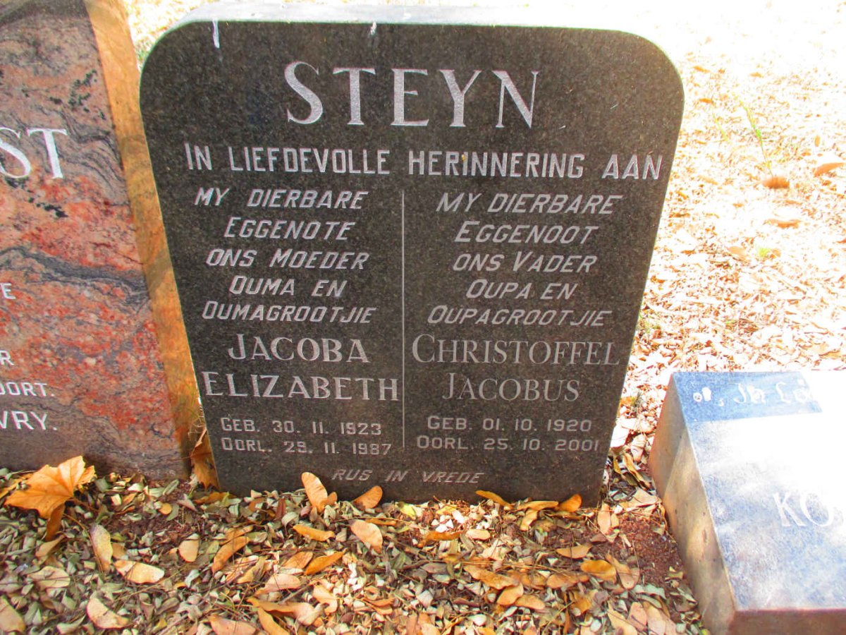 STEYN Christoffel Jacobus 1920-2001 & Jacoba Elizabeth 1923-1987