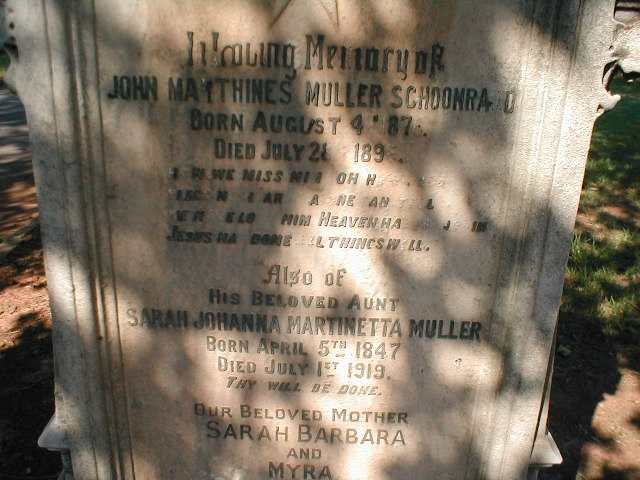 SCHOONRAAD John Marthines Muller 1876-1896 &amp; Sarah Johanna Martinetta MULLER 1847-1919