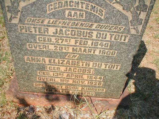 TOIT Pieter Jacobus, du 1840-1900 &amp; Anna Elizabeth JACOBS 1844-1928