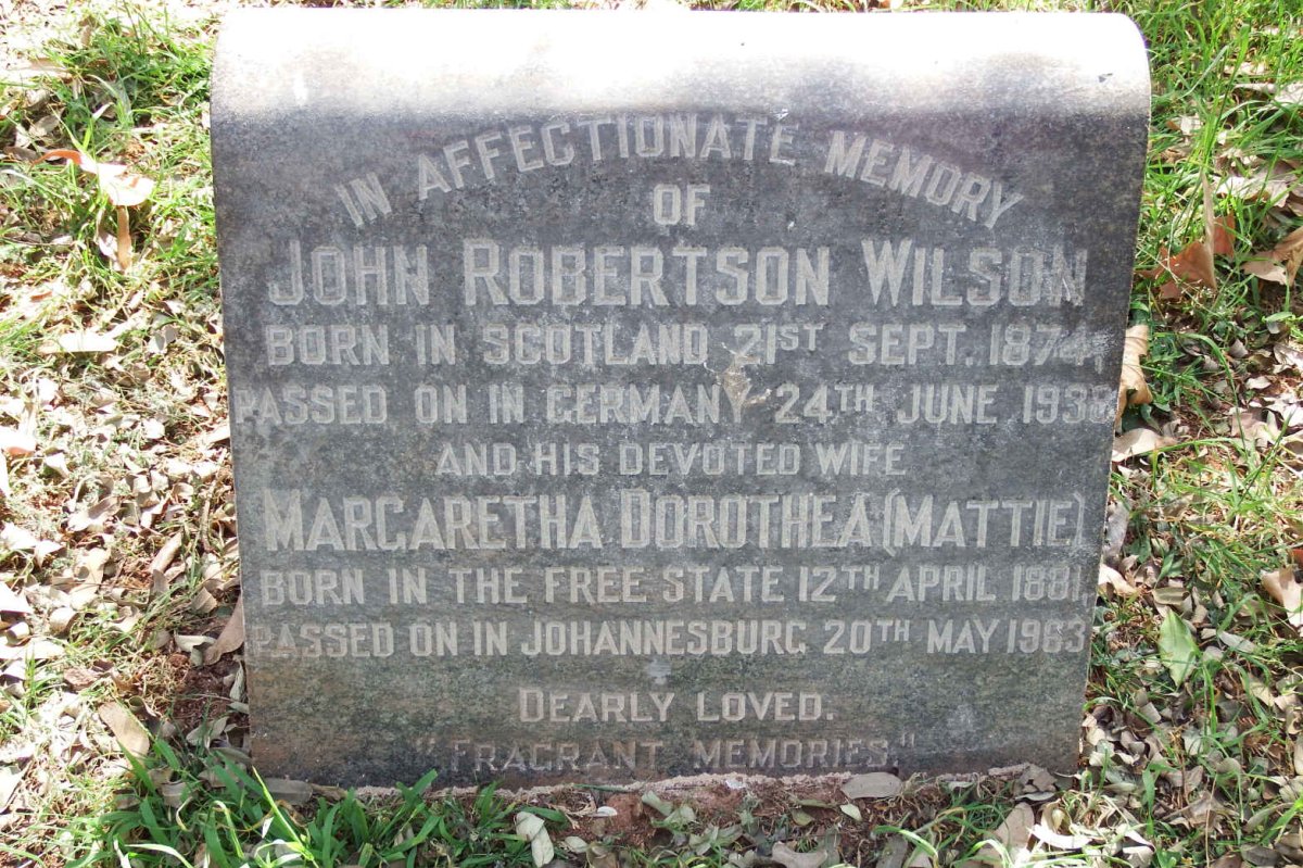 WILSON John Robertson 1874-1938 &amp; Margaretha Dorothea 1881-1963