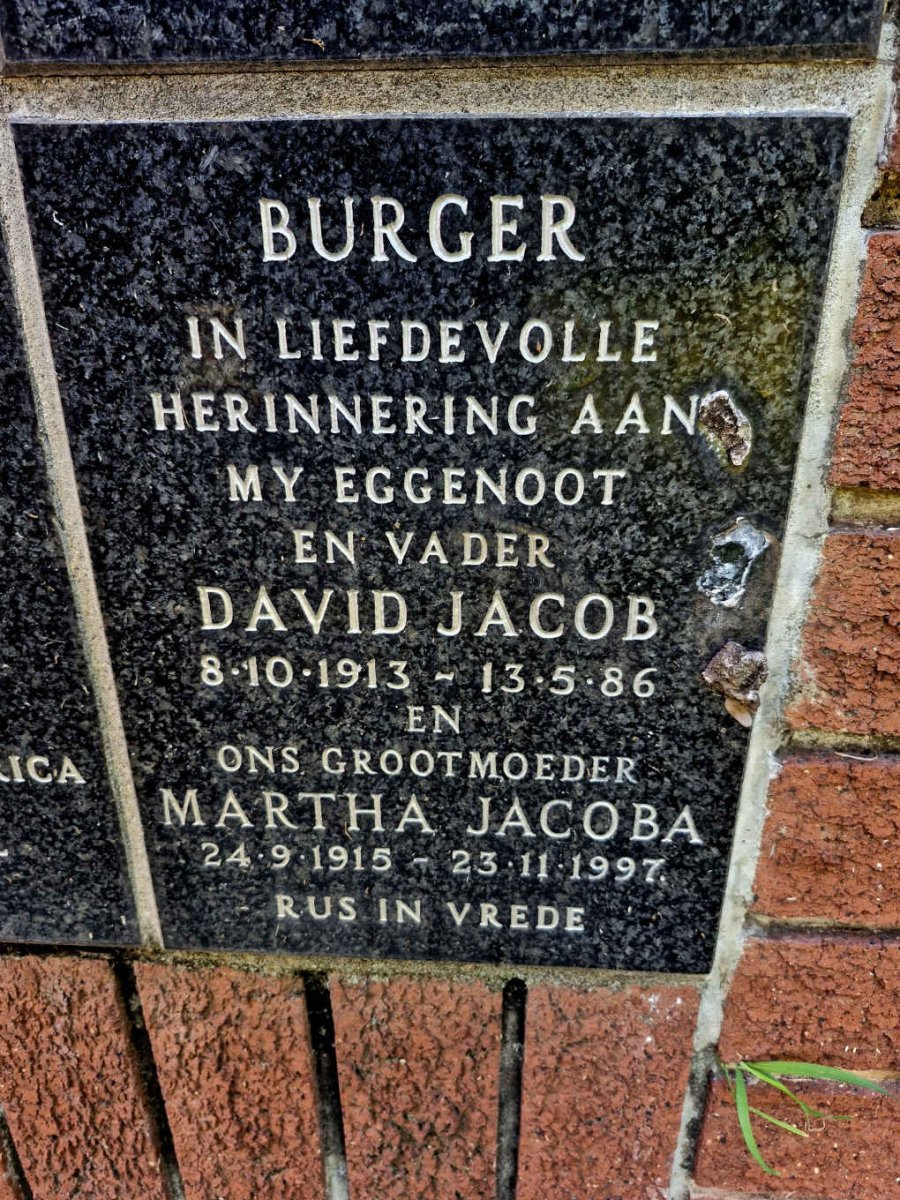 BURGER David Jacob 1913-1986 & Martha Jacoba 1915-1997