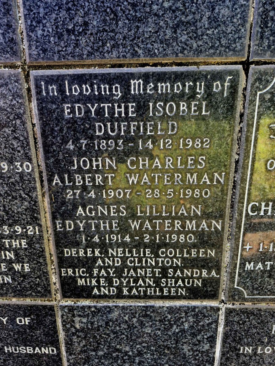 DUFFIELD Edythe Isobel 1893-1982 :: WATERMAN John Charles Albert 1907-1980 :: WATERMAN Agnes Lillian Edythe 1914-1980