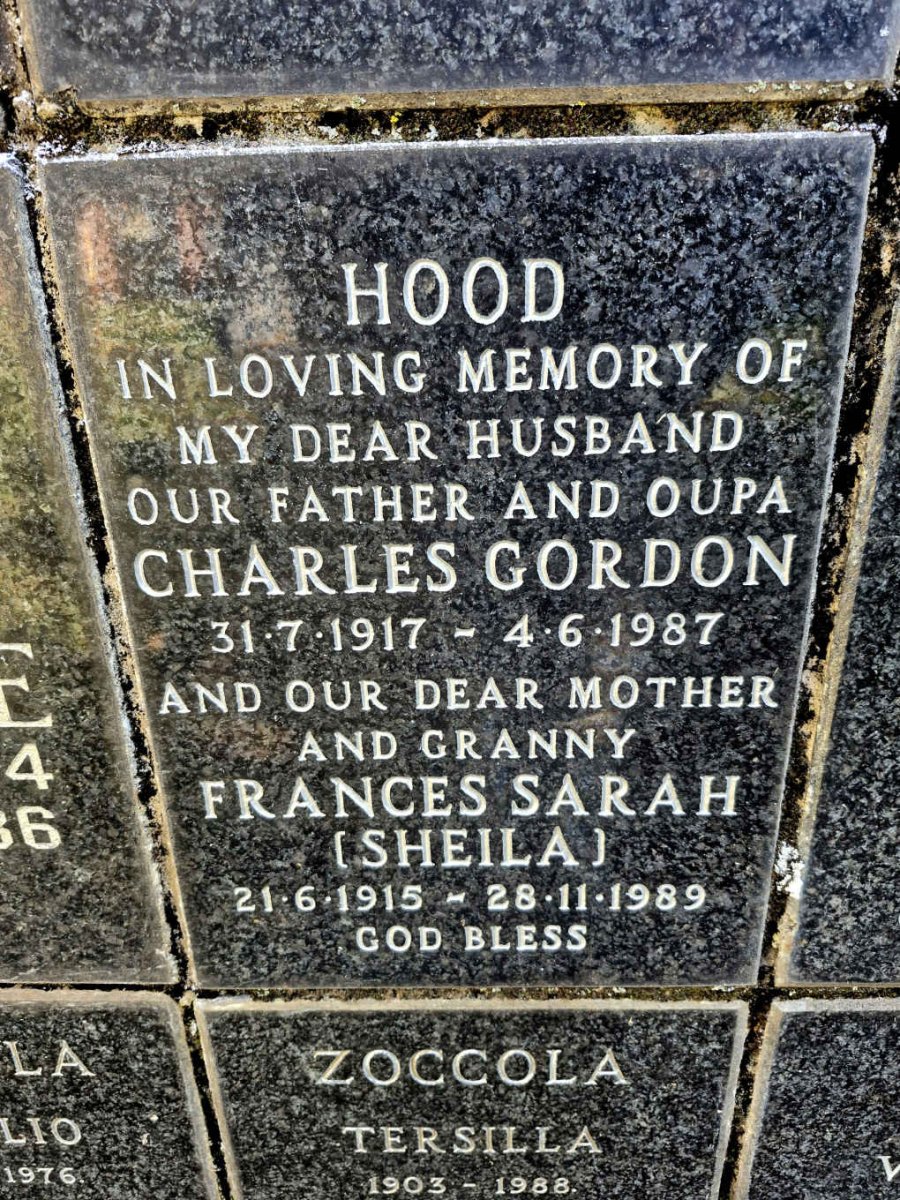 HOOD Charles Gordon 1917-1987 & Frances Sarah 1915-1989