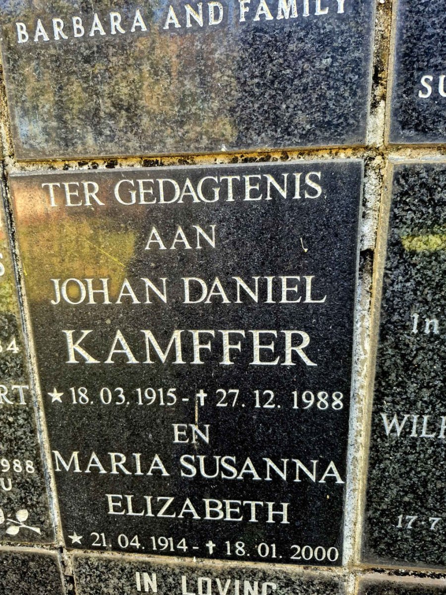 KAMFFER Johan Daniel 1915-1988 & Maria Susanna Elizabeth 1914-2000