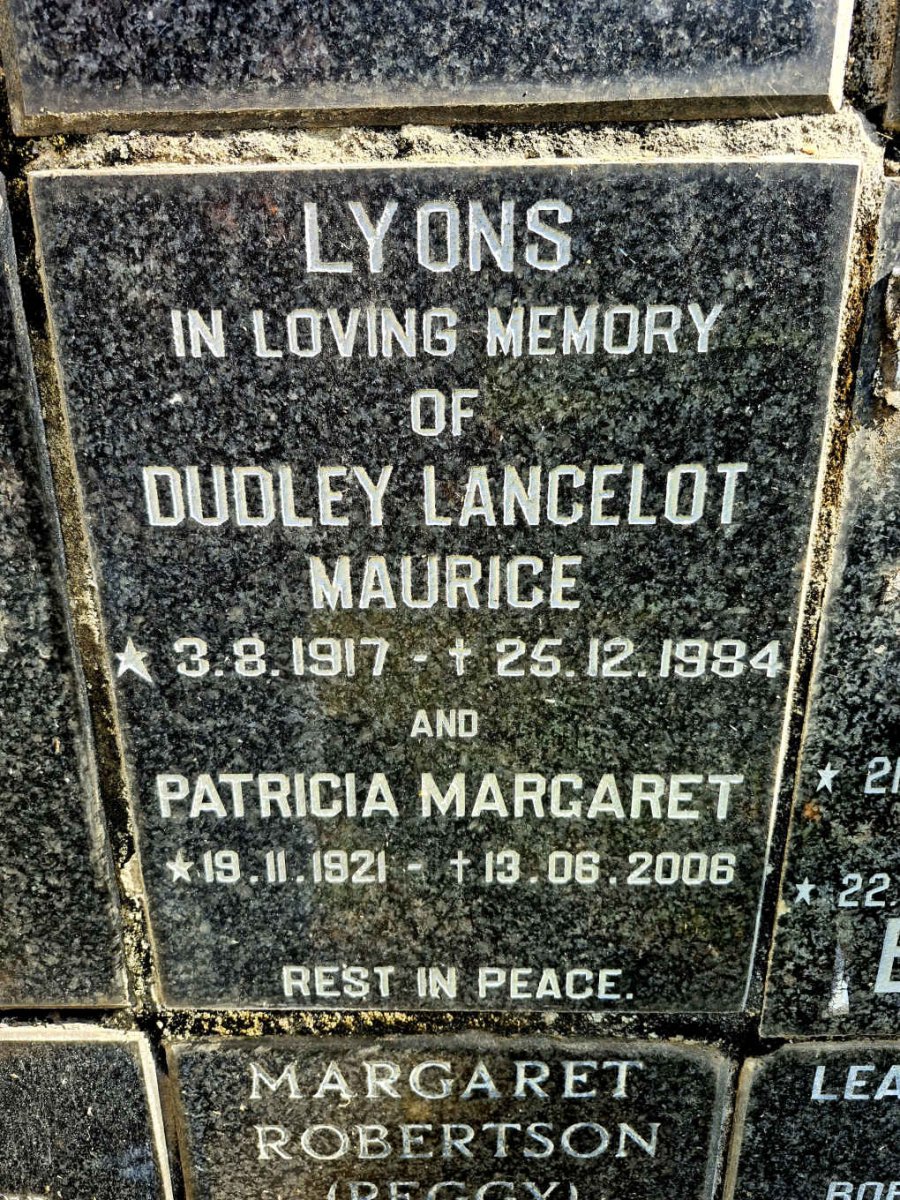 LYONS Dudley Lancelot Maurice 1917-1984 & Patricia Margaret 1921-2006