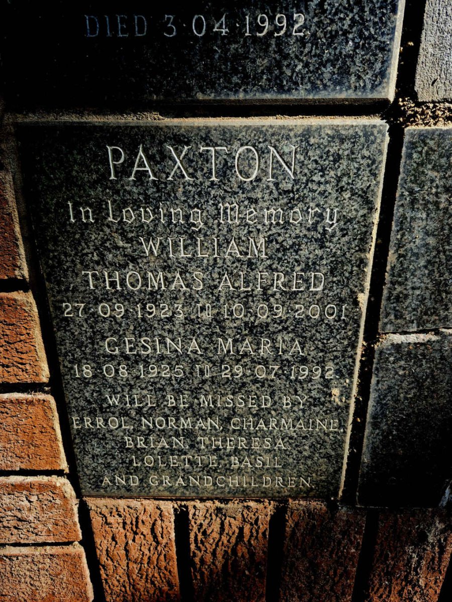 PAXTON William Thomas Alfred 1923-2001 & Gesina Maria 1925-1992