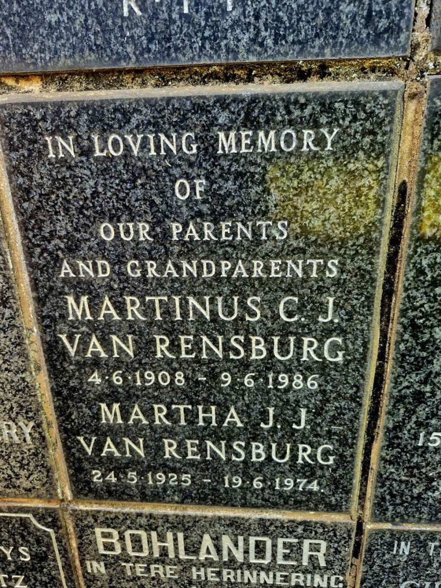 RENSBURG Martinus C.J., van 1908-1986 & Martha J.J. 1925-1974