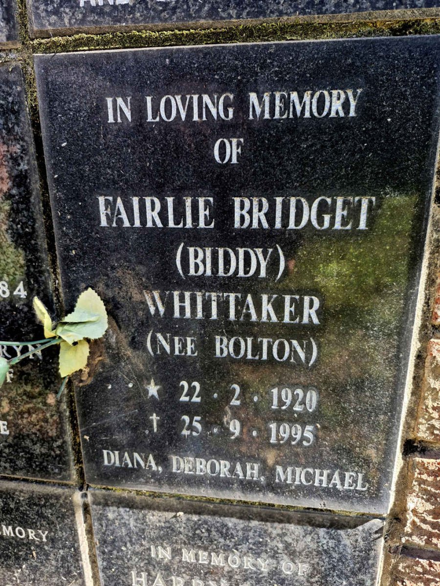 WHITTAKER Fairlie Bridget nee BOLTON 1922-1995